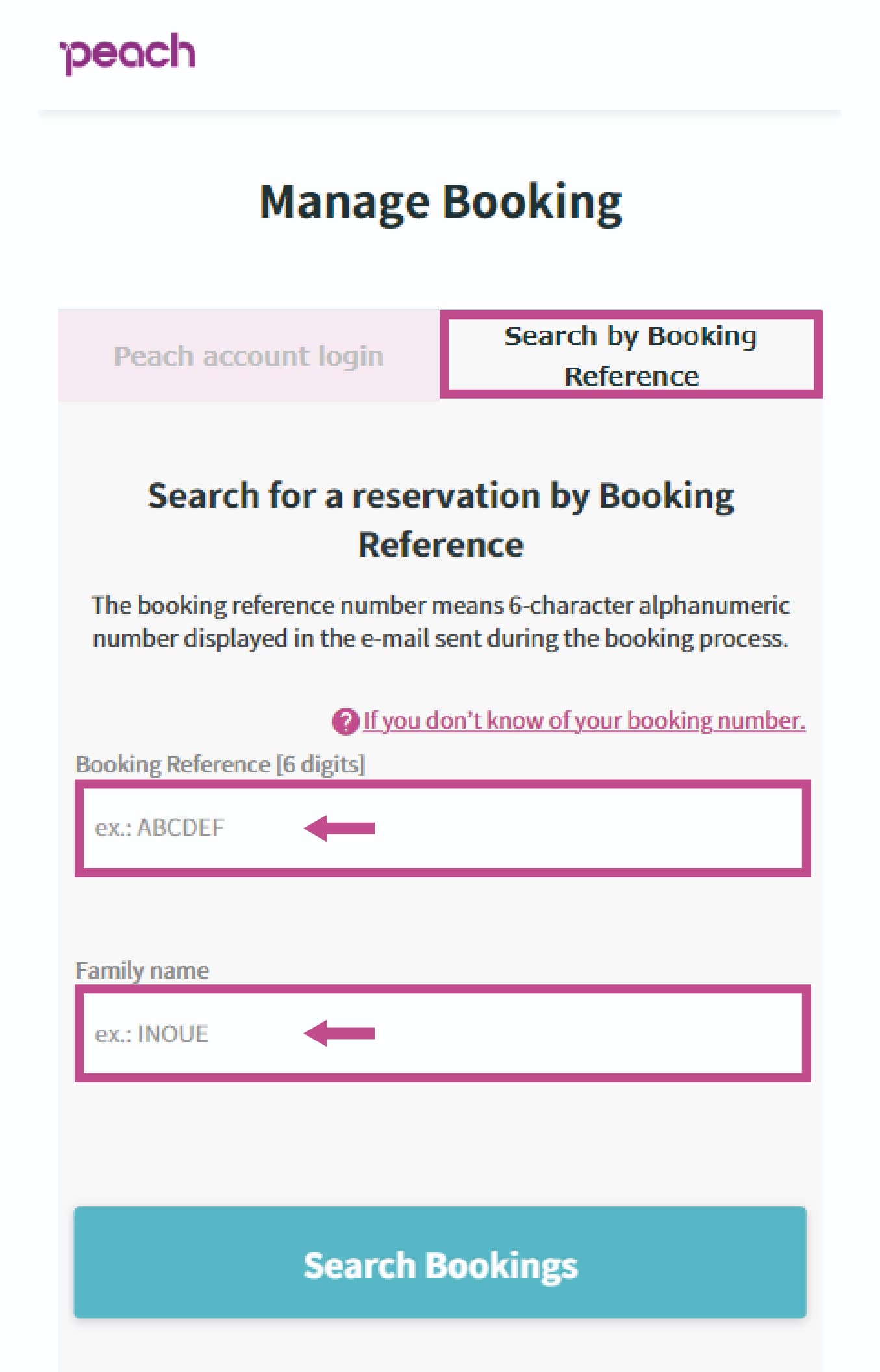 Log in to the 'Manage Booking site'