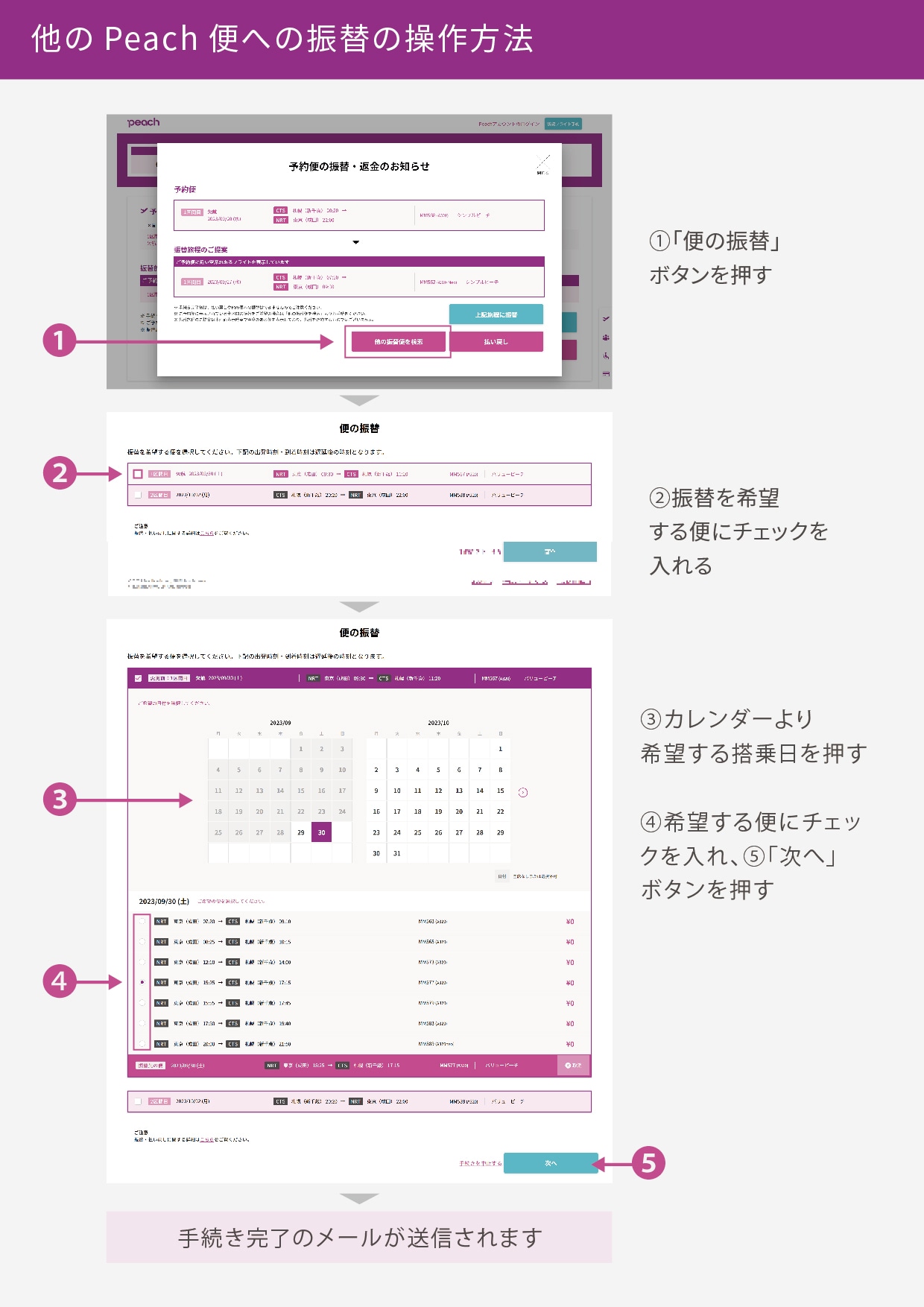 他のPeach便への振り替えの操作方法 イメージ画像