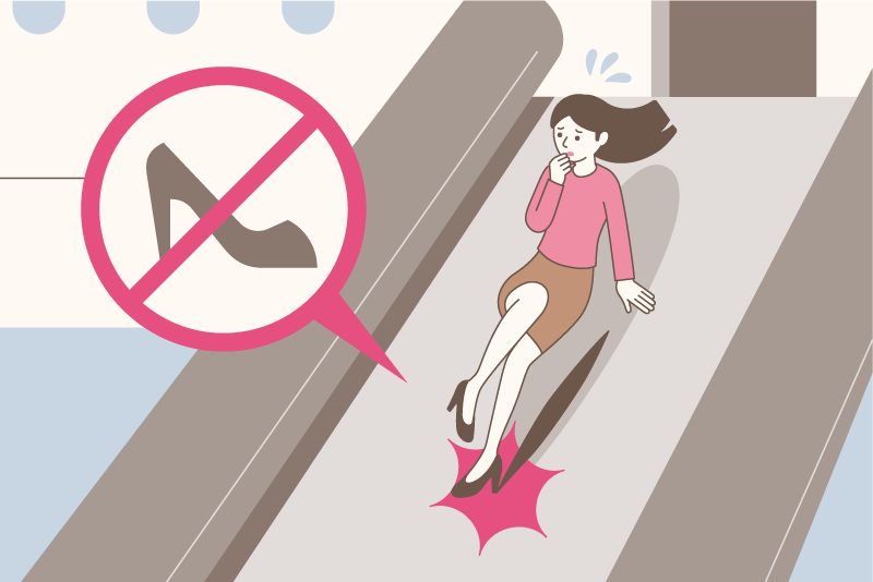 請於使用緊急逃生梯時挺起上半身，以便看到著陸位置。雙手向前伸直並前傾，使身體呈コ字型。請您不要穿著高跟鞋，以免損壞緊急逃生梯。