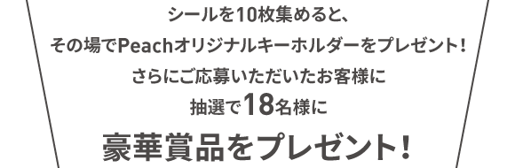 シールを10枚集めると、その場でPeachオリジナルキーホルダーをプレゼント！さらに応募いただいたお客様に抽選で18名様に豪華賞品をプレゼント！