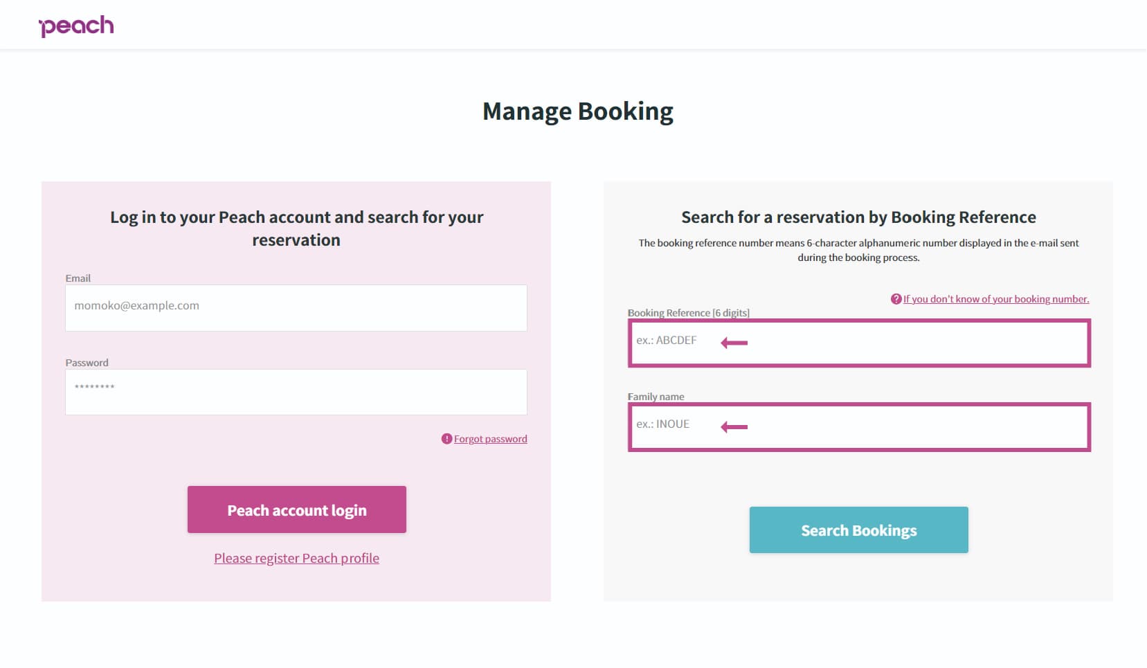 Log in to the 'Manage Booking site'