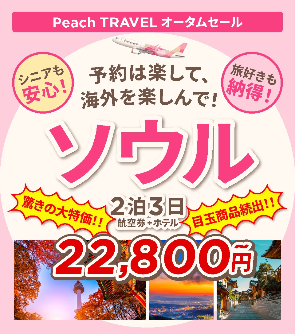 Peach TRAVEL ソウル 2泊3日（航空券+宿泊）22,800円~ 今すぐ予約