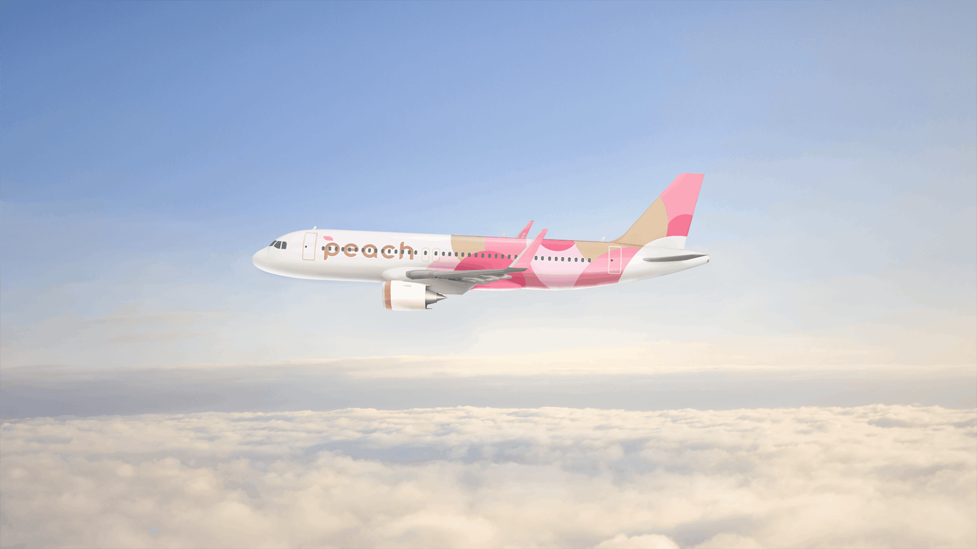 明るい空を飛んでいるPeachの旅客機の写真