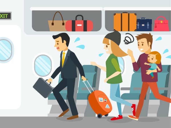 Leave all baggage behind.Baggage may hinder your or other passenger's evacuation, and may also cause injury.